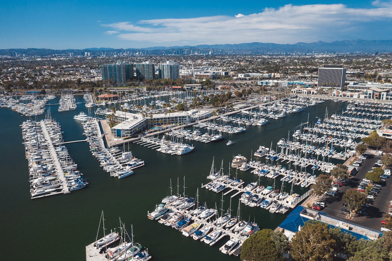 Large number of yachts docked at the marina