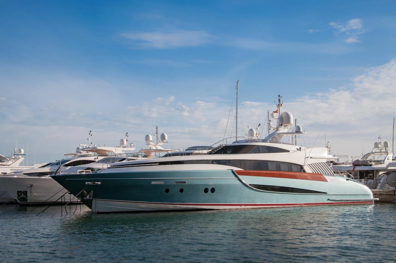 The yacht is docked at the marina