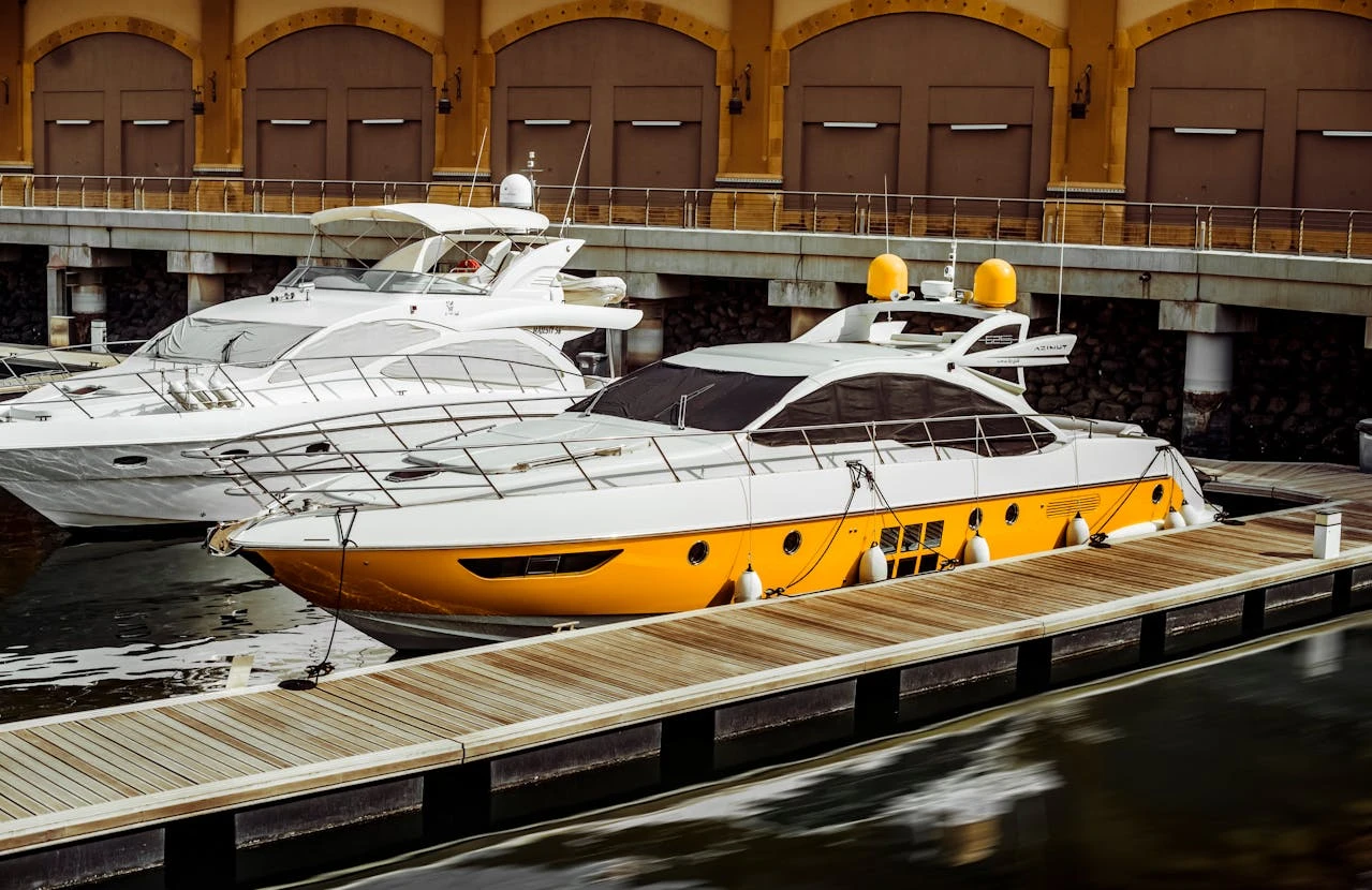 Yachts docked at the marina