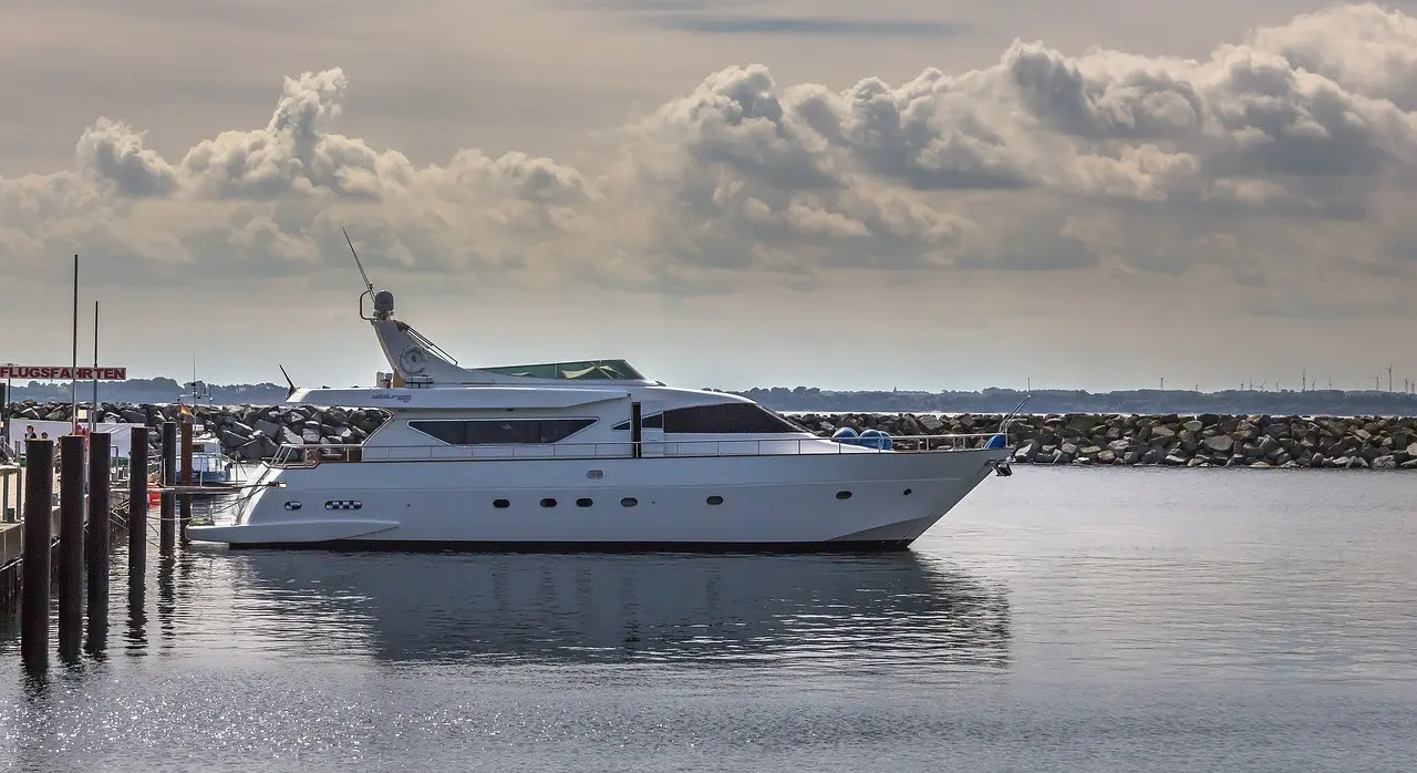 The yacht is docked at the marina