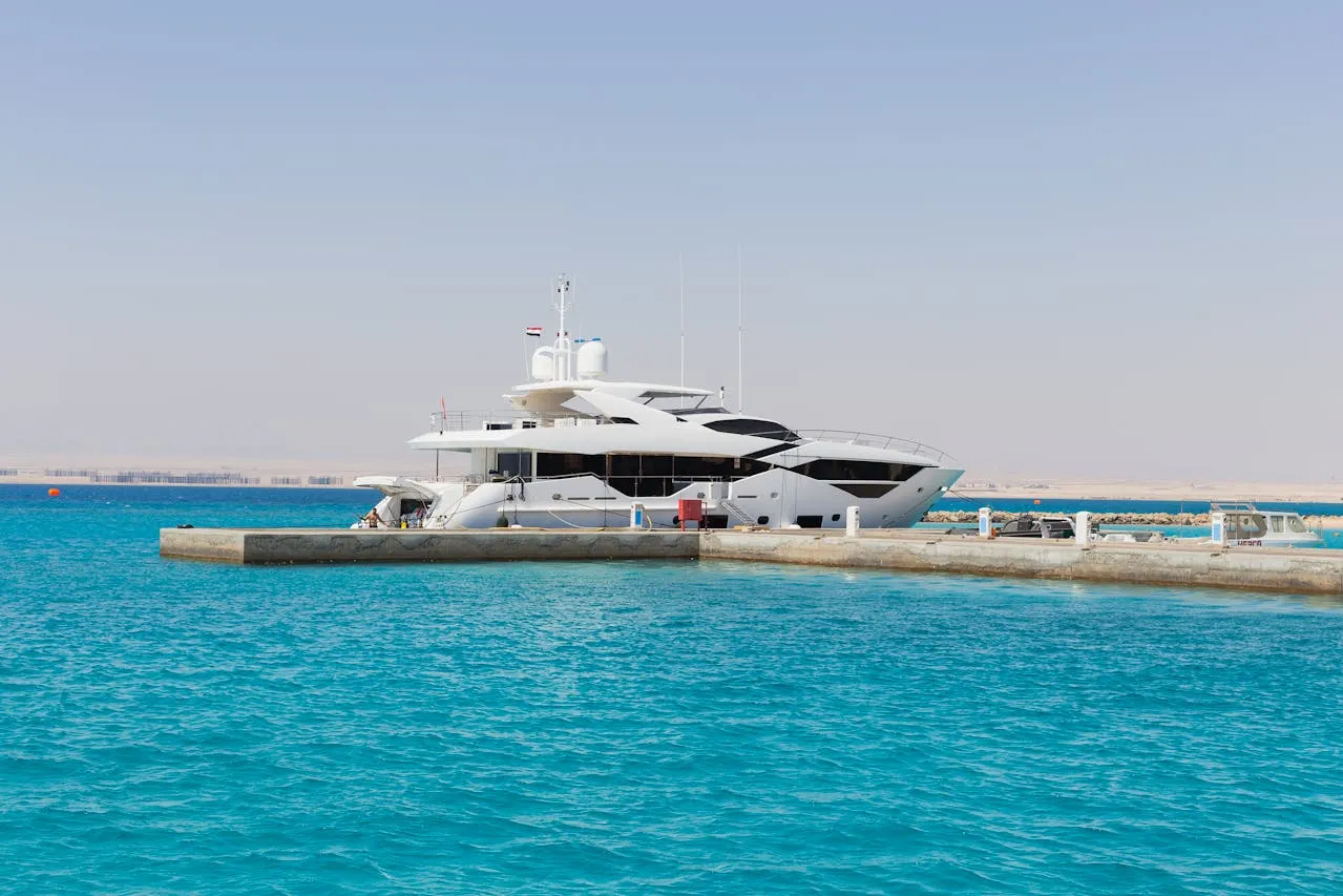 Flybridge yacht moored at sea