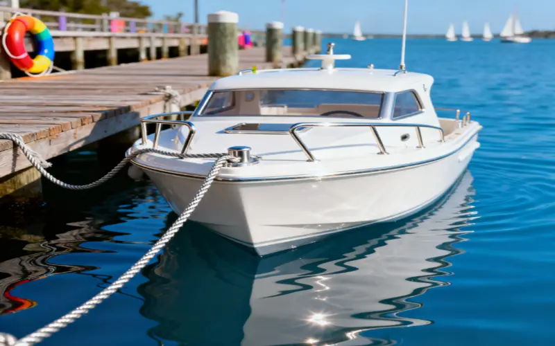 The mini yacht is moored.