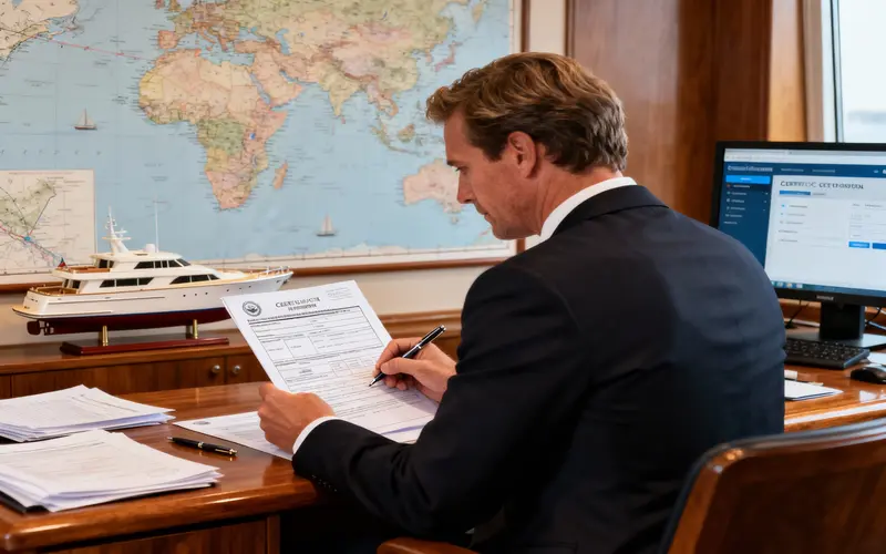 The vessel owner is processing the yacht registration certificate.