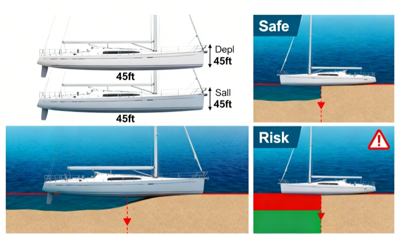 boat draught comparison deep vs shallow keel safety illustration