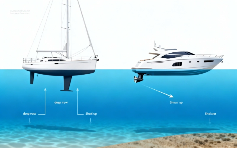 lifting keel and pod drive variable draft system comparison yacht diagram