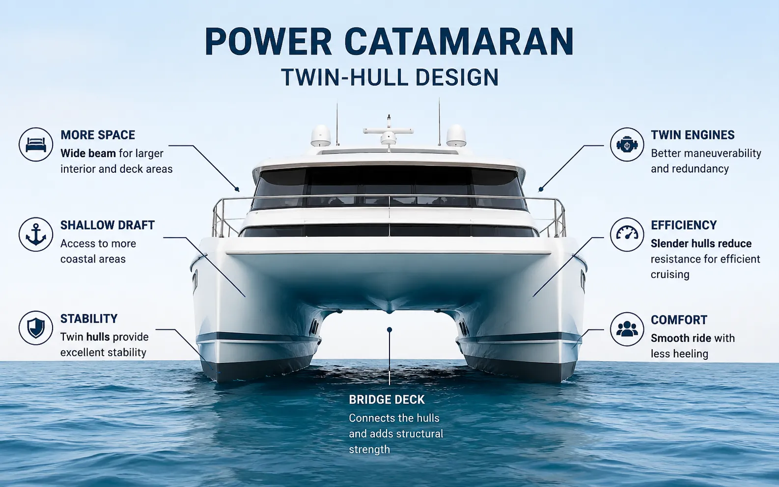 Power catamaran twin-hull and bridge-deck design explained