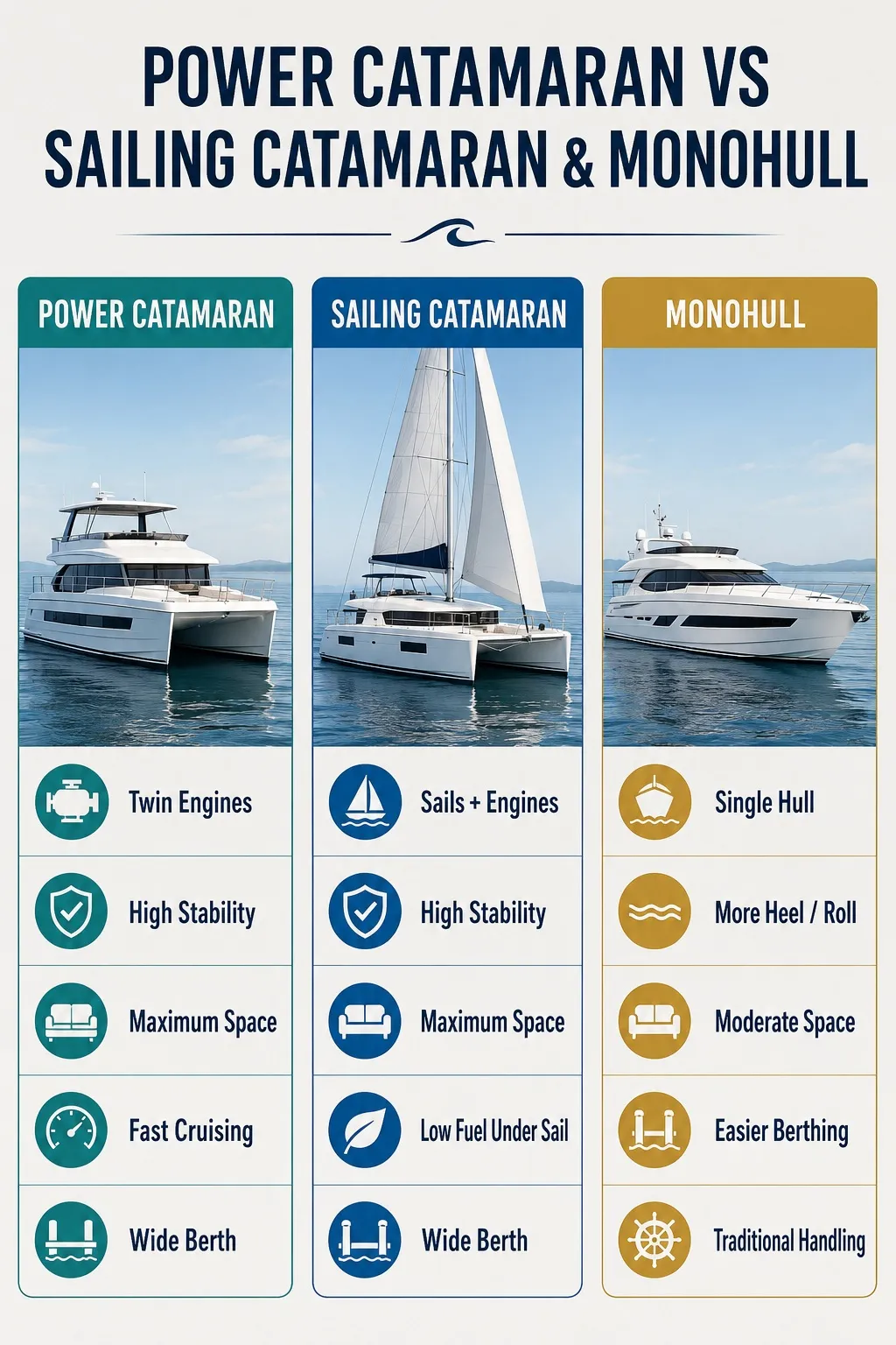 Power catamaran vs sailing catamaran and monohull comparison