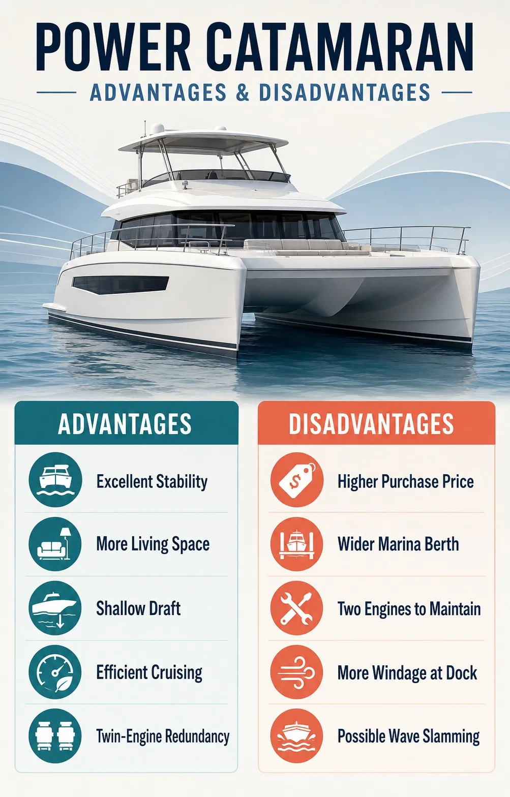 Main advantages and disadvantages of owning a power catamaran