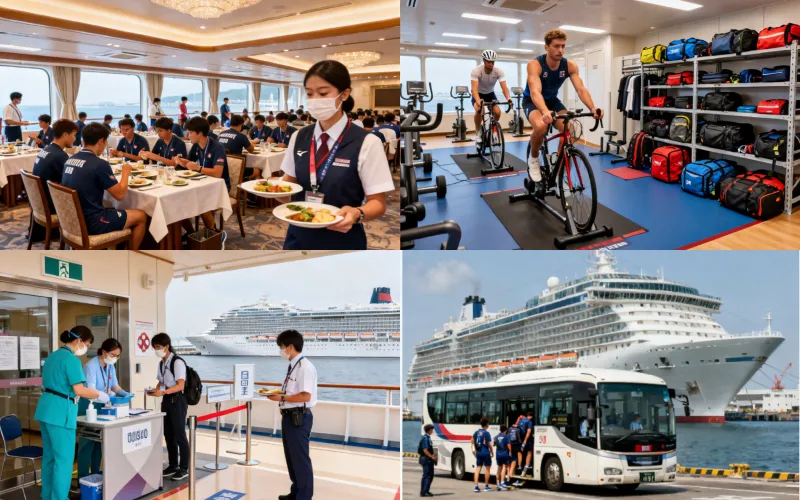 Cruise ship floating athletes' village showing catering, equipment storage, security and transportation operations