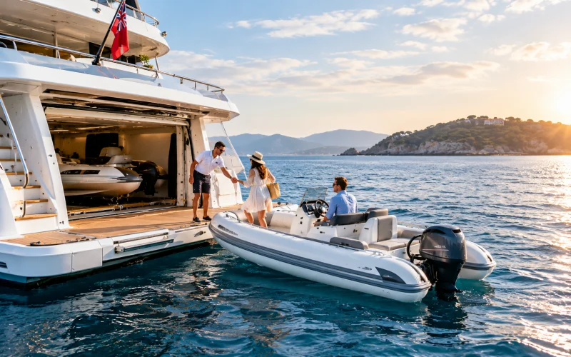 Yacht Tender Alongside a Luxury Yacht for Guest Transfers and Coastal Access